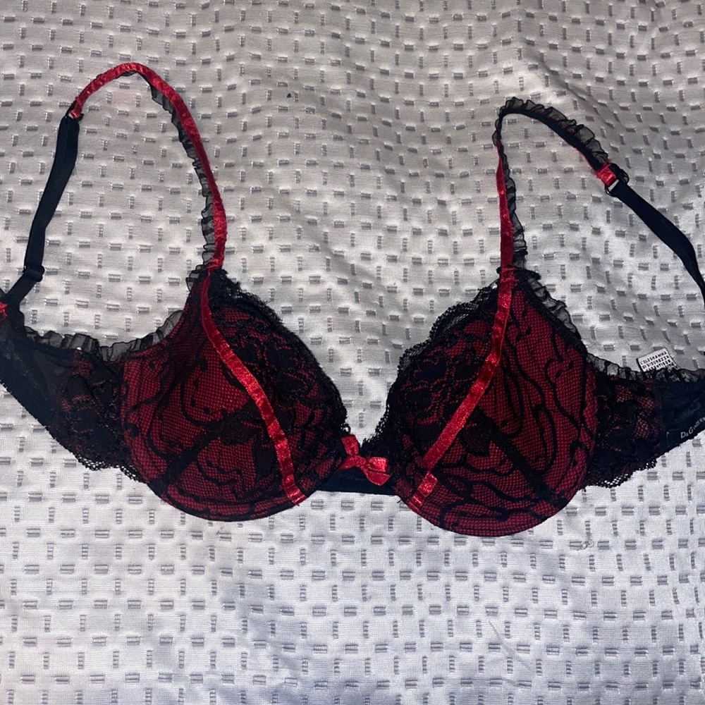 Dolce & Gabbana Womens Bra Size 32C Black Red Lace Print Satin Padded Underwire